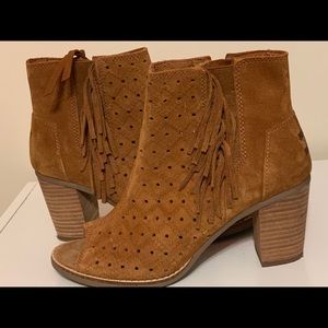 Toms Brown Suede Fringe Peep Toe Booties